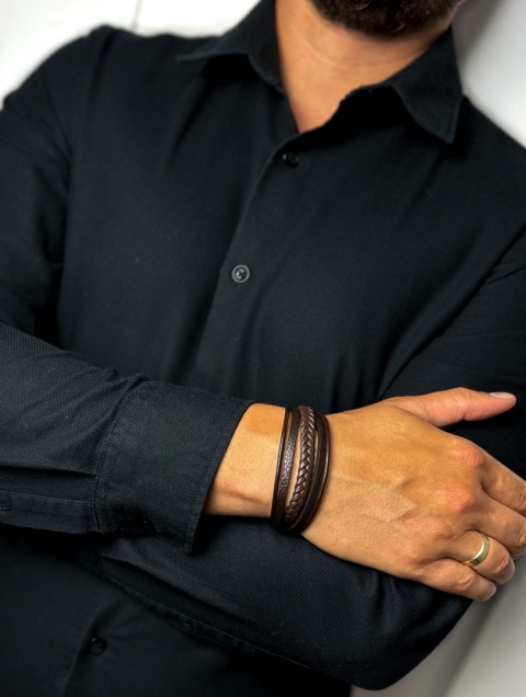 Brązowa bransoletka rzemykowa ze skóry ekologicznej i stali nierdzewnej