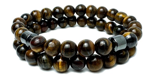 Brązowa bransoletka kulkowa z podwójnym splotem koralików z naturalnego kamienia tygrysie oko