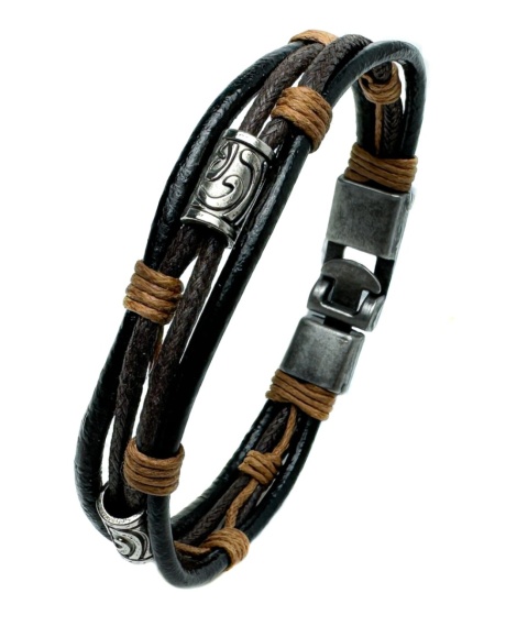 Brązowa bransoletka rzemykowa ze skóry ekologicznej i stali nierdzewnej, w stylu nordyckim