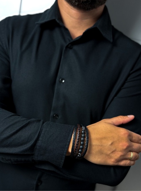 Czarna bransoletka rzemykowa ze skóry ekologicznej i stali nierdzewnej, z koralikami ze skały wulkanicznej