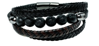 Czarna bransoletka rzemykowa ze skóry ekologicznej i stali nierdzewnej, z koralikami ze skały wulkanicznej