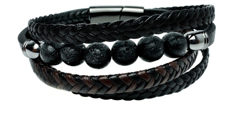 Czarna bransoletka rzemykowa ze skóry ekologicznej i stali nierdzewnej, z koralikami ze skały wulkanicznej