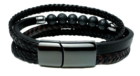 Czarna bransoletka rzemykowa ze skóry ekologicznej i stali nierdzewnej, z koralikami ze skały wulkanicznej
