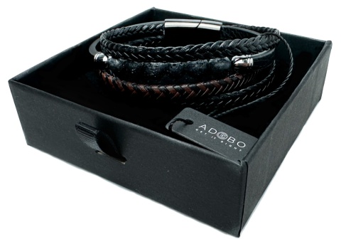 Czarna bransoletka rzemykowa ze skóry ekologicznej i stali nierdzewnej, z koralikami ze skały wulkanicznej