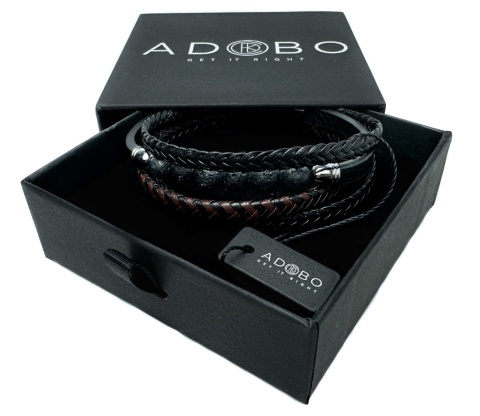 Czarna bransoletka rzemykowa ze skóry ekologicznej i stali nierdzewnej, z koralikami ze skały wulkanicznej