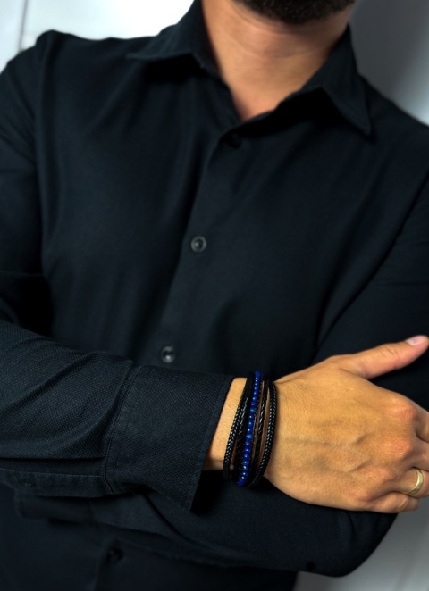 Czarna bransoletka rzemykowa ze skóry ekologicznej i stali nierdzewnej, z kamieniem lapis lazuli