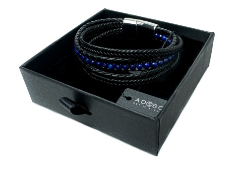 Czarna bransoletka rzemykowa ze skóry ekologicznej i stali nierdzewnej, z kamieniem lapis lazuli