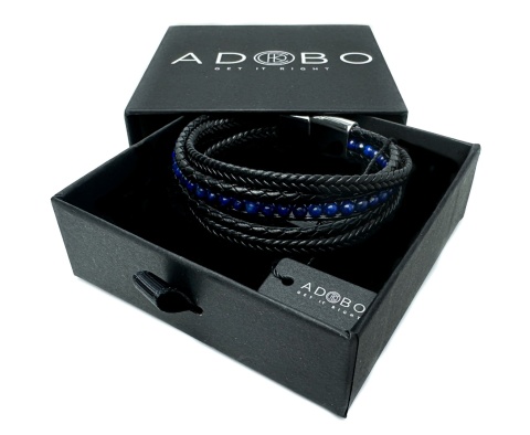 Czarna bransoletka rzemykowa ze skóry ekologicznej i stali nierdzewnej, z kamieniem lapis lazuli