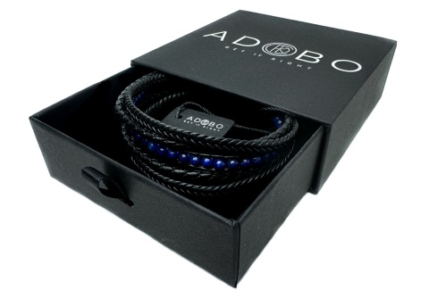 Czarna bransoletka rzemykowa ze skóry ekologicznej i stali nierdzewnej, z kamieniem lapis lazuli