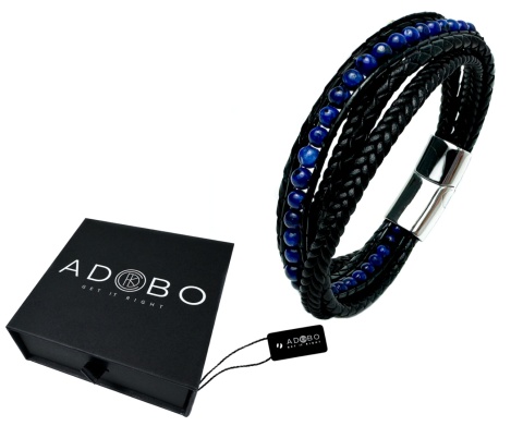 Czarna bransoletka rzemykowa ze skóry ekologicznej i stali nierdzewnej, z kamieniem lapis lazuli