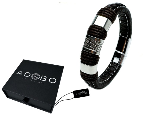 Brązowa bransoletka rzemykowa ze skóry ekologicznej i zdobieniami ze stali nierdzewnej