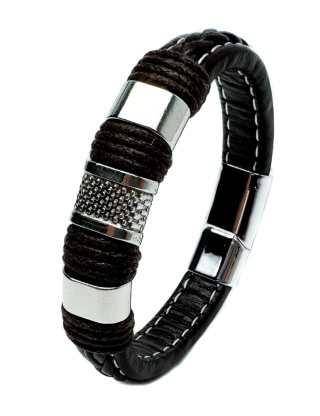 Brązowa bransoletka rzemykowa ze skóry ekologicznej i zdobieniami ze stali nierdzewnej