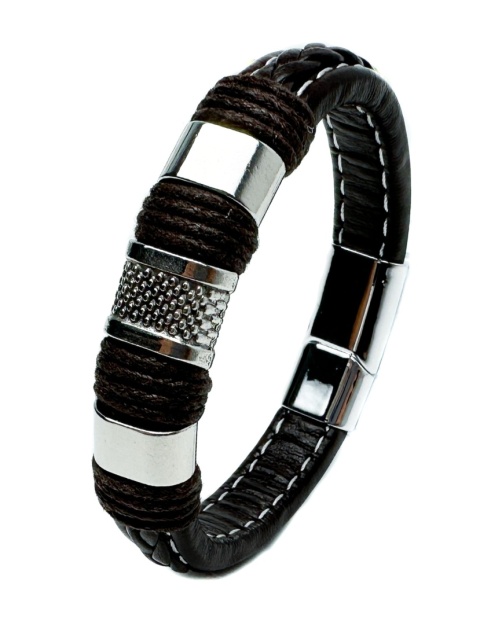 Brązowa bransoletka rzemykowa ze skóry ekologicznej i zdobieniami ze stali nierdzewnej