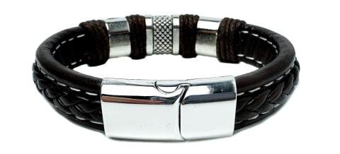 Brązowa bransoletka rzemykowa ze skóry ekologicznej i zdobieniami ze stali nierdzewnej