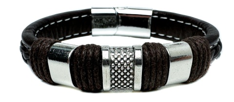 Brązowa bransoletka rzemykowa ze skóry ekologicznej i zdobieniami ze stali nierdzewnej