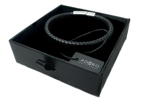 Czarna bransoletka rzemykowa ze skóry ekologicznej i stali nierdzewnej