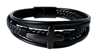 Czarna bransoletka rzemykowa ze skóry ekologicznej, z krzyżem ze stali nierdzewnej