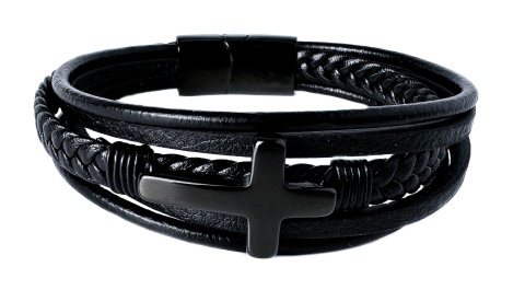 Czarna bransoletka rzemykowa ze skóry ekologicznej, z krzyżem ze stali nierdzewnej