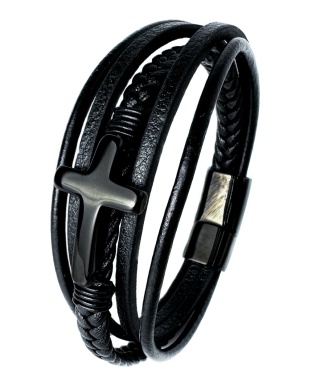Czarna bransoletka rzemykowa ze skóry ekologicznej, z krzyżem ze stali nierdzewnej