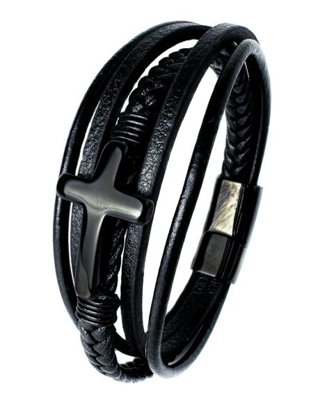 Czarna bransoletka rzemykowa ze skóry ekologicznej, z krzyżem ze stali nierdzewnej