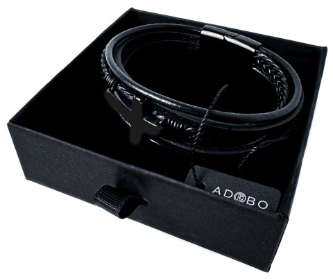 Czarna bransoletka rzemykowa ze skóry ekologicznej, z krzyżem ze stali nierdzewnej