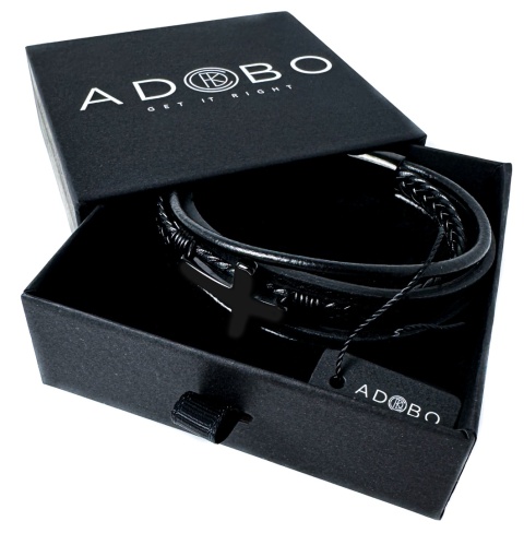 Czarna bransoletka rzemykowa ze skóry ekologicznej, z krzyżem ze stali nierdzewnej