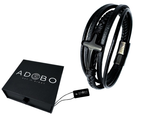 Czarna bransoletka rzemykowa ze skóry ekologicznej, z krzyżem ze stali nierdzewnej