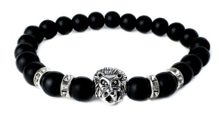Czarna bransoletka kulkowa z obsydianu, cyrkonii i stali nierdzewnej, z motywem głowy lwa