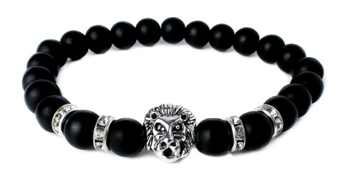 Czarna bransoletka kulkowa z obsydianu, cyrkonii i stali nierdzewnej, z motywem głowy lwa