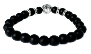 Czarna bransoletka kulkowa z obsydianu, cyrkonii i stali nierdzewnej, z motywem głowy lwa