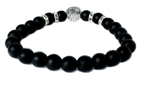 Czarna bransoletka kulkowa z obsydianu, cyrkonii i stali nierdzewnej, z motywem głowy lwa
