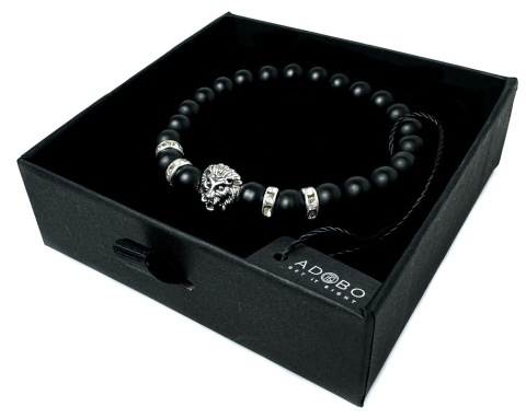 Czarna bransoletka kulkowa z obsydianu, cyrkonii i stali nierdzewnej, z motywem głowy lwa