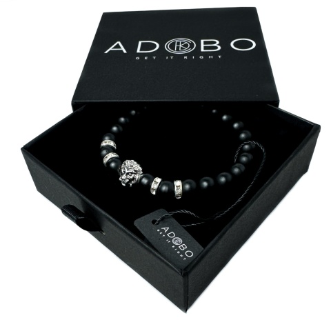 Czarna bransoletka kulkowa z obsydianu, cyrkonii i stali nierdzewnej, z motywem głowy lwa