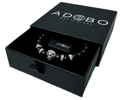 Czarna bransoletka kulkowa z obsydianu, cyrkonii i stali nierdzewnej, z motywem głowy lwa