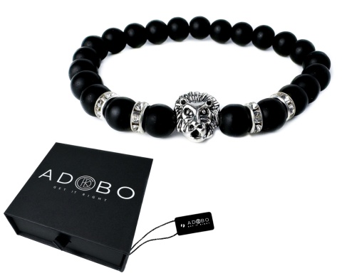 Czarna bransoletka kulkowa z obsydianu, cyrkonii i stali nierdzewnej, z motywem głowy lwa