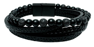 Czarna bransoletka rzemykowa ze skóry ekologicznej i skały wulkanicznej