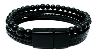 Czarna bransoletka rzemykowa ze skóry ekologicznej i skały wulkanicznej