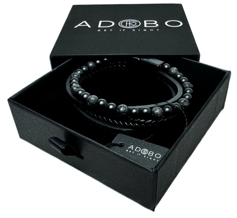 Czarna bransoletka rzemykowa ze skóry ekologicznej i skały wulkanicznej