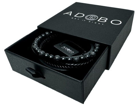 Czarna bransoletka rzemykowa ze skóry ekologicznej i skały wulkanicznej