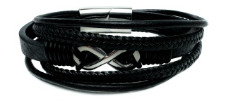 Czarna bransoletka rzemykowa ze skóry ekologicznej i stali nierdzewnej, z symbolem nieskończoności
