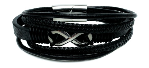 Czarna bransoletka rzemykowa ze skóry ekologicznej i stali nierdzewnej, z symbolem nieskończoności