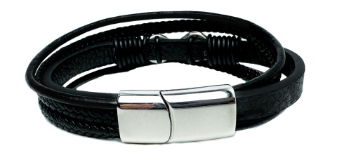Czarna bransoletka rzemykowa ze skóry ekologicznej i stali nierdzewnej, z symbolem nieskończoności