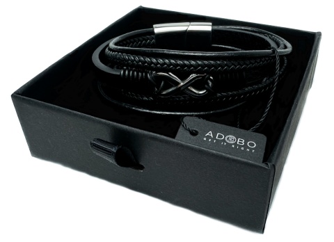 Czarna bransoletka rzemykowa ze skóry ekologicznej i stali nierdzewnej, z symbolem nieskończoności