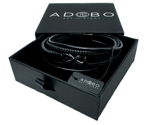 Czarna bransoletka rzemykowa ze skóry ekologicznej i stali nierdzewnej, z symbolem nieskończoności