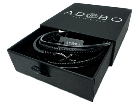 Czarna bransoletka rzemykowa ze skóry ekologicznej i stali nierdzewnej, z symbolem nieskończoności