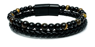 Czarna bransoletka rzemykowa ze skóry ekologicznej i naturalnym kamieniem tygrysie oko