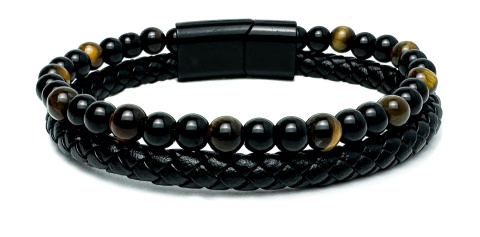 Czarna bransoletka rzemykowa ze skóry ekologicznej i naturalnym kamieniem tygrysie oko