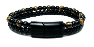 Czarna bransoletka rzemykowa ze skóry ekologicznej i naturalnym kamieniem tygrysie oko