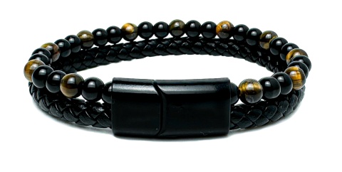 Czarna bransoletka rzemykowa ze skóry ekologicznej i naturalnym kamieniem tygrysie oko