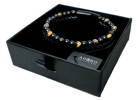 Czarna bransoletka rzemykowa ze skóry ekologicznej i naturalnym kamieniem tygrysie oko